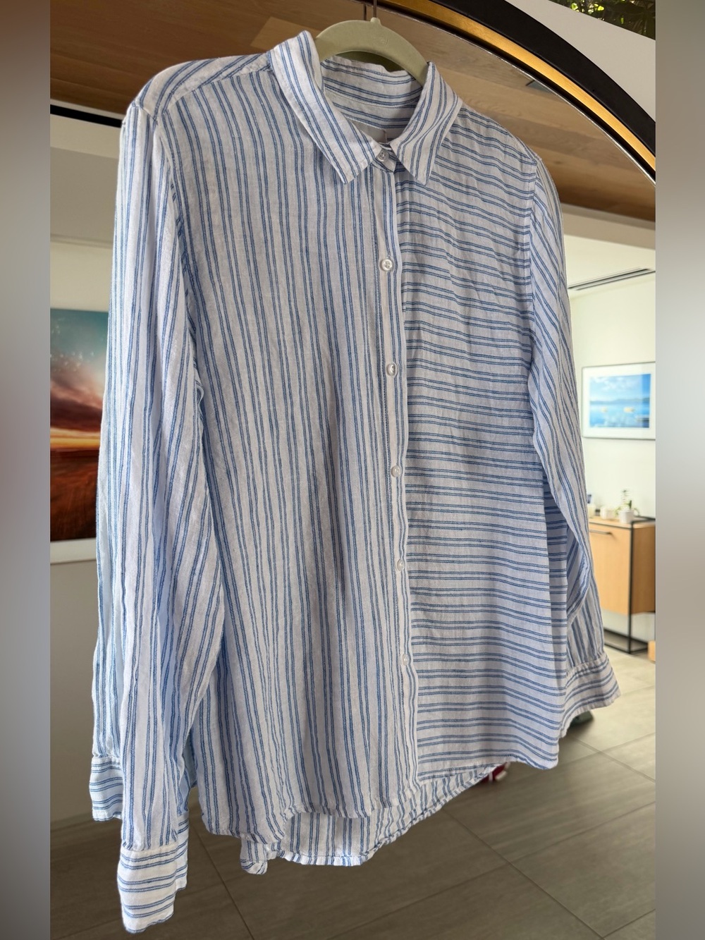 Rails Bonnie Linen Blend Olympic Stripe Blue & White Button-Down Shirt Size M - Picture 2 of 10